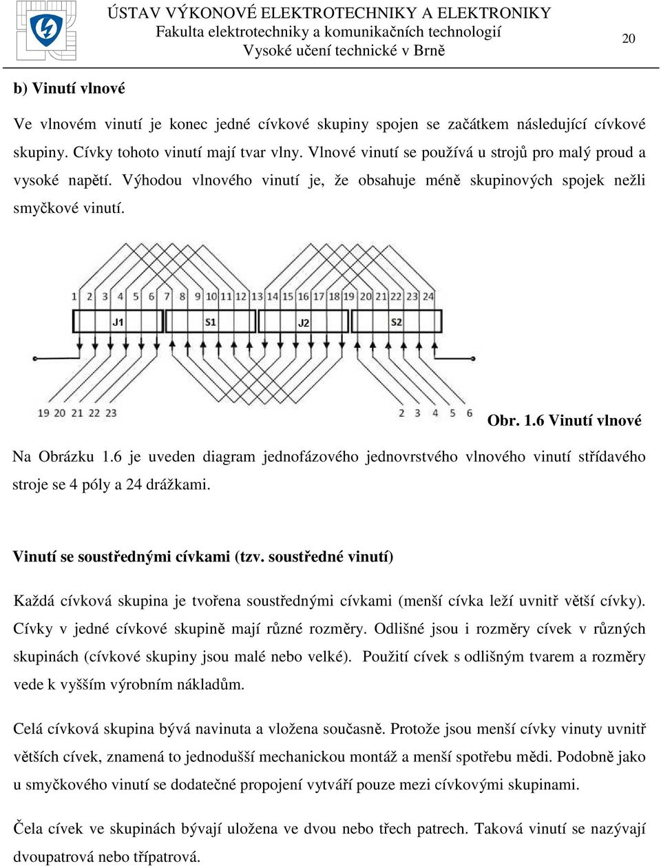 6 je uveden diagram jednofázového jednovrstvého vlnového vinutí střídavého stroje se 4 póly a 24 drážkami. Vinutí se soustřednými cívkami (tzv.