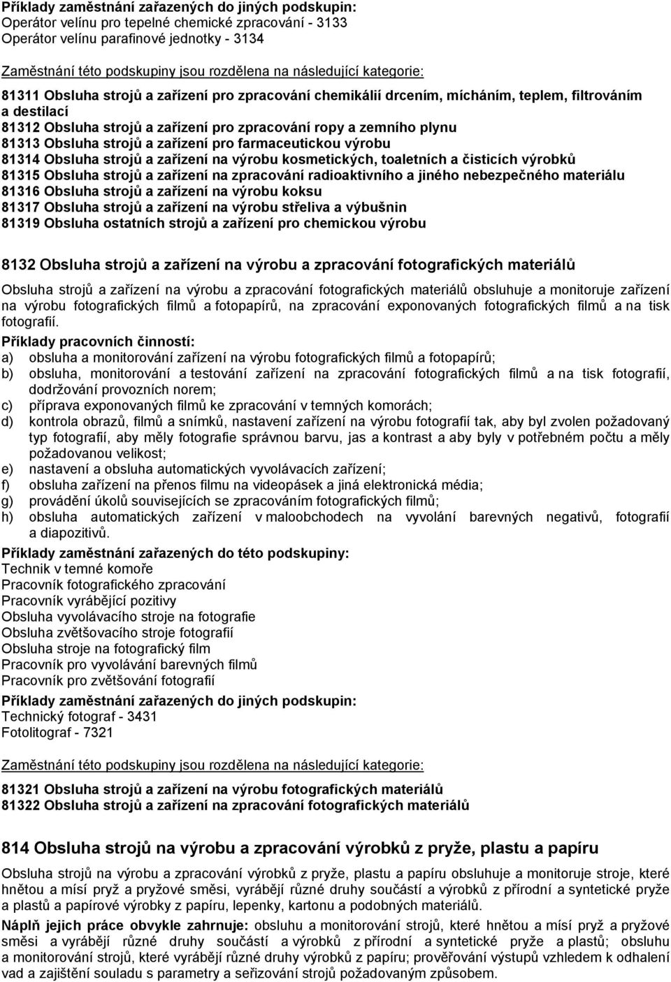 toaletních a čisticích výrobků 81315 Obsluha strojů a zařízení na zpracování radioaktivního a jiného nebezpečného materiálu 81316 Obsluha strojů a zařízení na výrobu koksu 81317 Obsluha strojů a