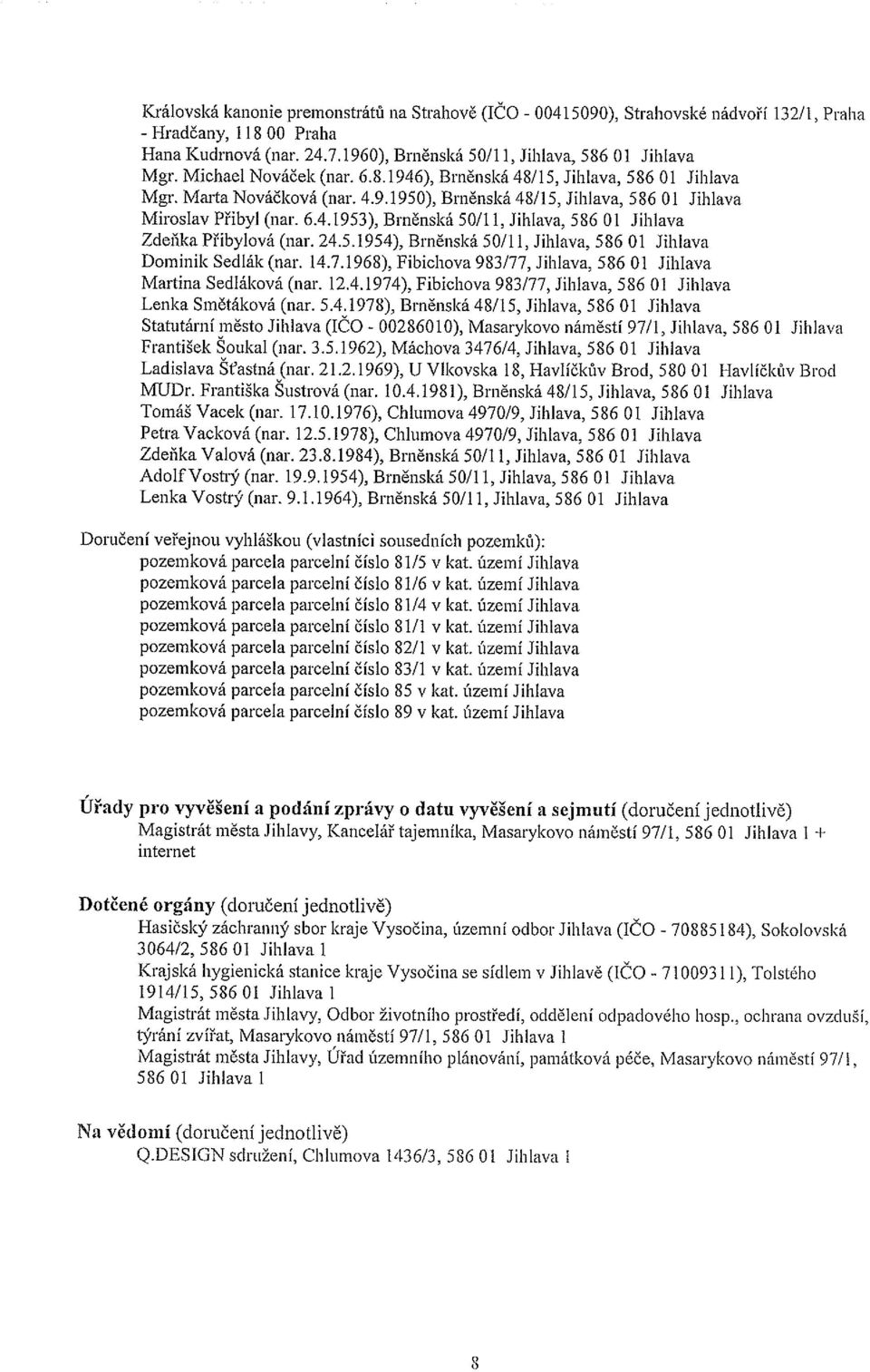 24.5,1954), Brněnská 50/11, Jihlava, 586 01 Jihlava Dominik Sedlák (nar. 14.7.1968), Fibichova 983/77, Jihlava, 586 01 Jihlava Martina Sedláková (nar. 12.4.1974), Fibichova 983/77, Jihlava, 58601 Jihlava Lenka Smčtáková (nar.