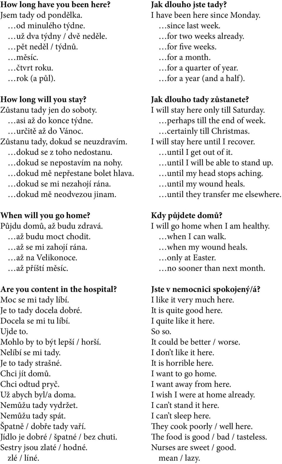 dokud mě neodvezou jinam. When will you go home? Půjdu domů, až budu zdravá. až budu moct chodit. až se mi zahojí rána. až na Velikonoce. až příští měsíc. Are you content in the hospital?
