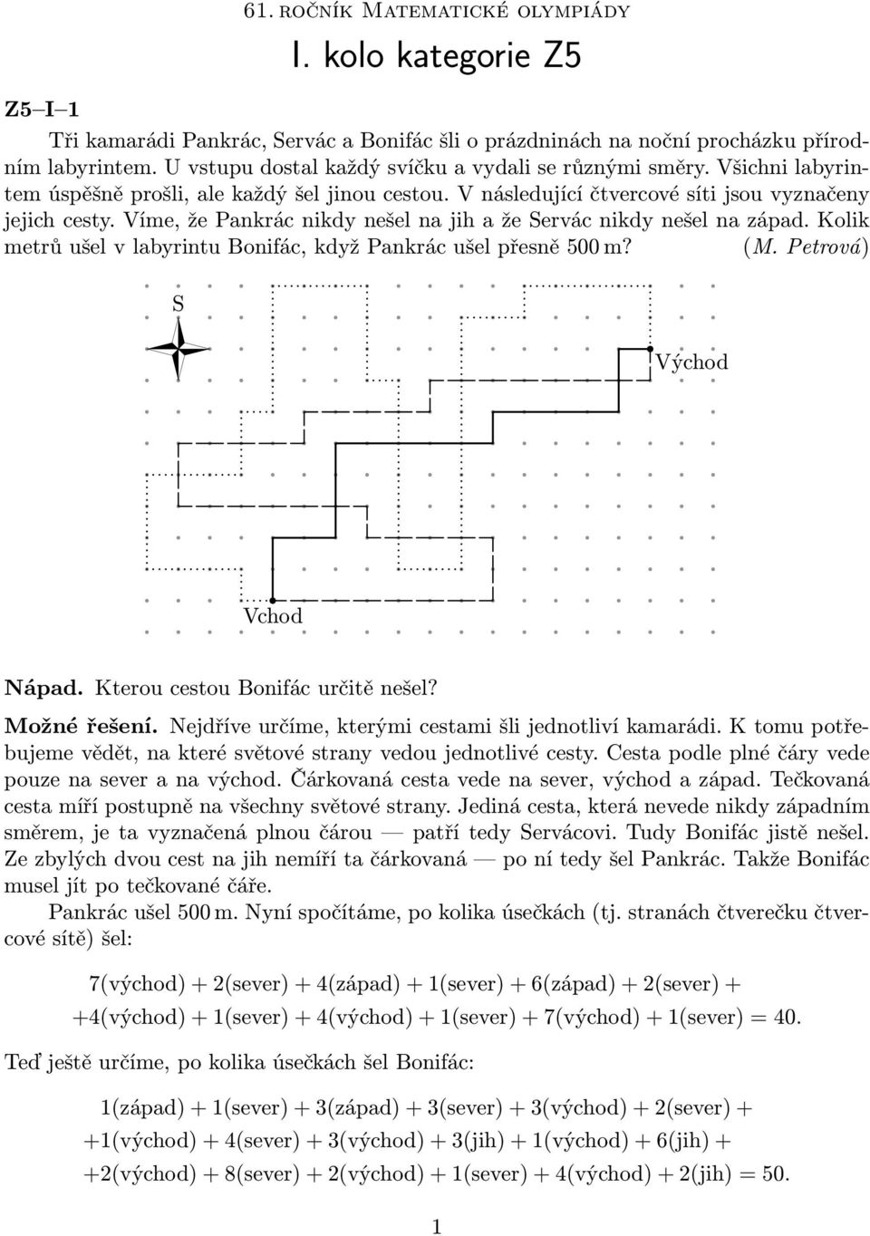 Víme, že Pankrác nikdy nešel na jih a že Servác nikdy nešel na západ. Kolik metrů ušel v labyrintu Bonifác, když Pankrác ušel přesně 500 m? (M. Petrová) S Východ Vchod Nápad.