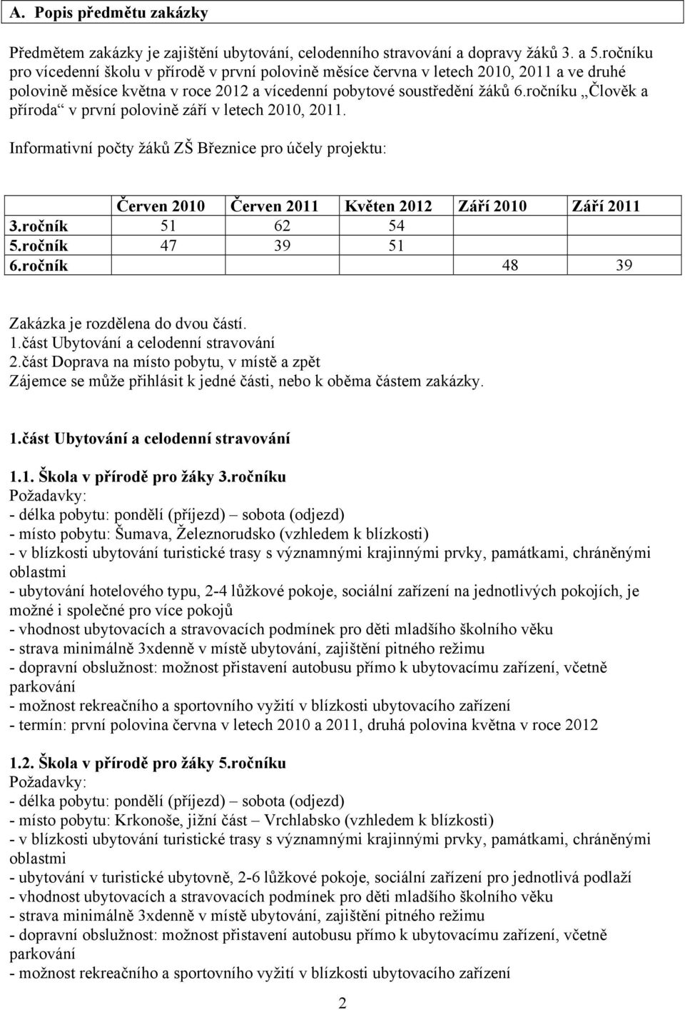 ročníku Člověk a příroda v první polovině září v letech 2010, 2011. Informativní počty žáků ZŠ Březnice pro účely projektu: Červen 2010 Červen 2011 Květen 2012 Září 2010 Září 2011 3.ročník 51 62 54 5.