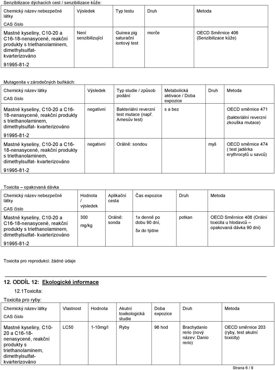 reakční produkty s triethanolaminem, Výsledek negativní Typ studie / způsob podání Bakteriální reverzní test mutace (např.