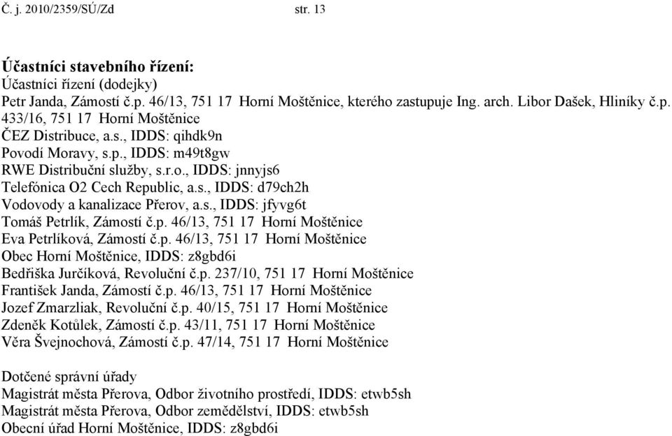 p. 46/13, 751 17 Horní Moštěnice Eva Petrlíková, Zámostí č.p. 46/13, 751 17 Horní Moštěnice Obec Horní Moštěnice, IDDS: z8gbd6i Bedřiška Jurčíková, Revoluční č.p. 237/10, 751 17 Horní Moštěnice František Janda, Zámostí č.