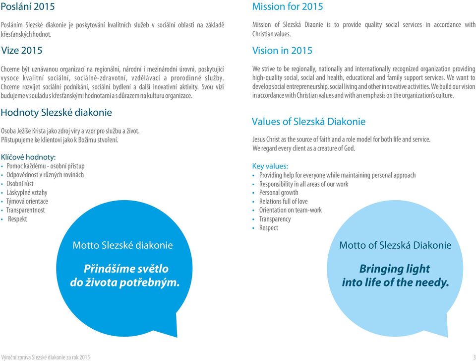 Vize 2015 Vision in 2015 Chceme být uznávanou organizací na regionální, národní i mezinárodní úrovni, poskytující vysoce kvalitní sociální, sociálně-zdravotní, vzdělávací a prorodinné služby.