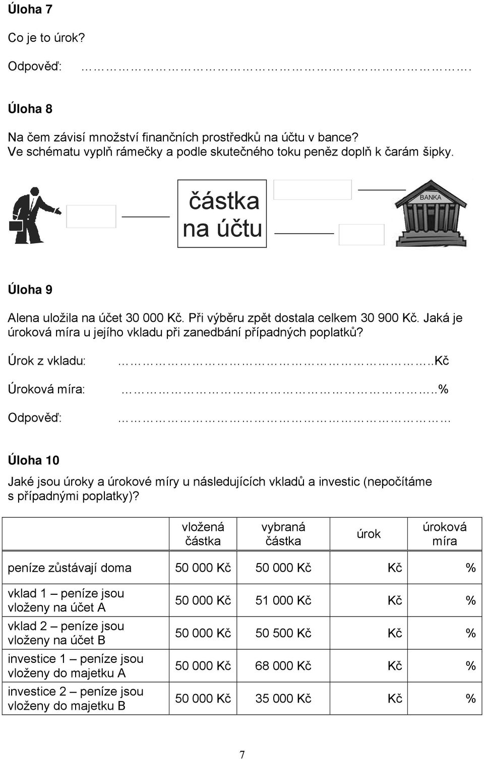 Úrok z vkladu: Úroková míra: Odpov :..K..% Úloha 10 Jaké jsou úroky a úrokové míry u následujících vklad a investic (nepo ítáme s p ípadnými poplatky)?