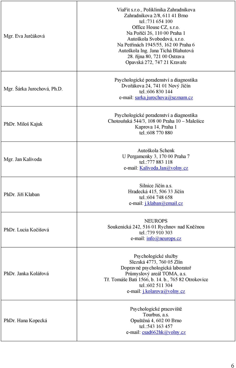 Miloš Kajuk Chotouňská 544/3, 108 00 Praha 10 Malešice Kaprova 14, Praha 1 tel.:608 770 880 Mgr. Jan Kalivoda Autoškola Schenk U Pergamenky 3, 170 00 Praha 7 tel.:777 883 118 e-mail: Kalivoda.