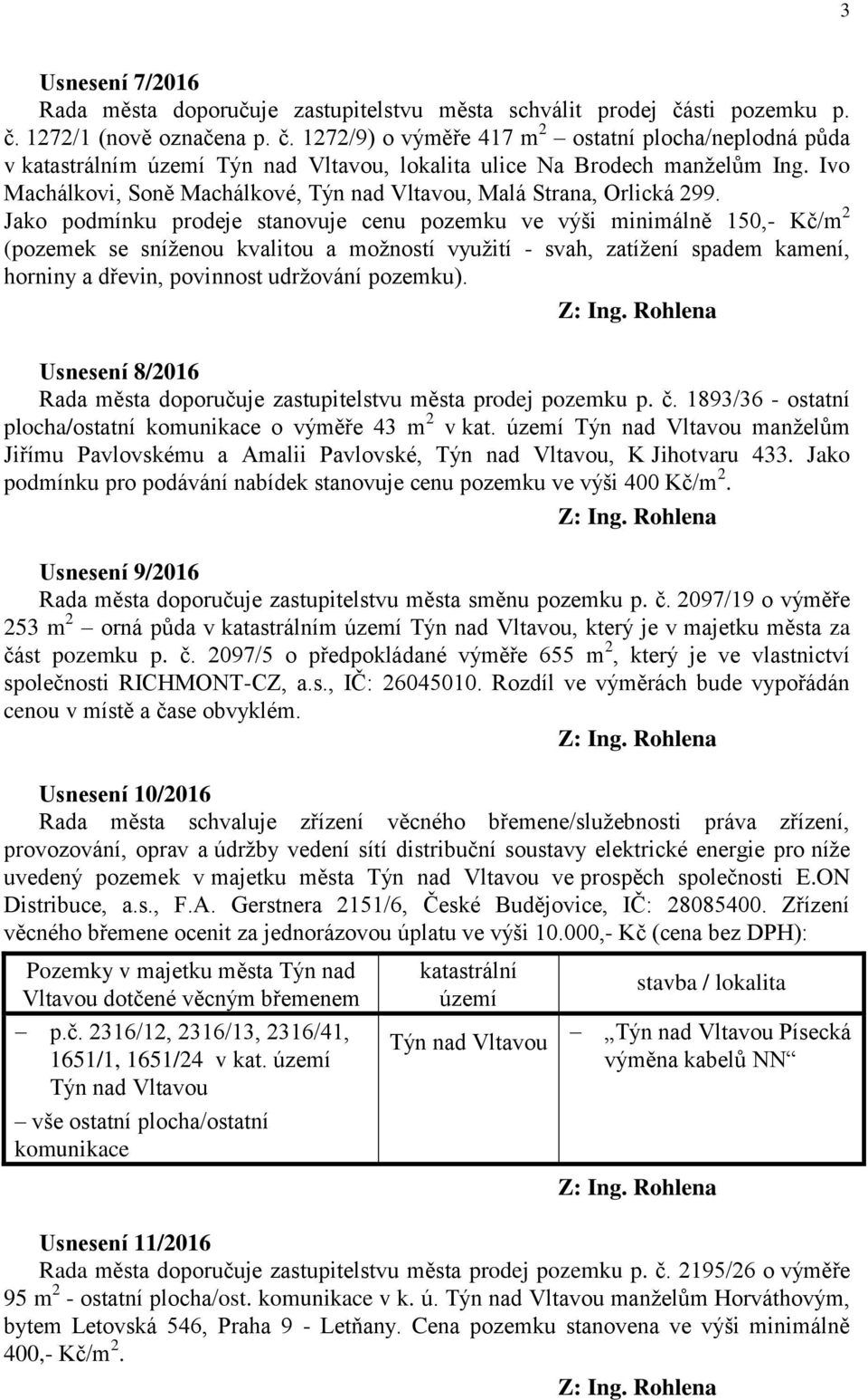 Ivo Machálkovi, Soně Machálkové, Týn nad Vltavou, Malá Strana, Orlická 299.