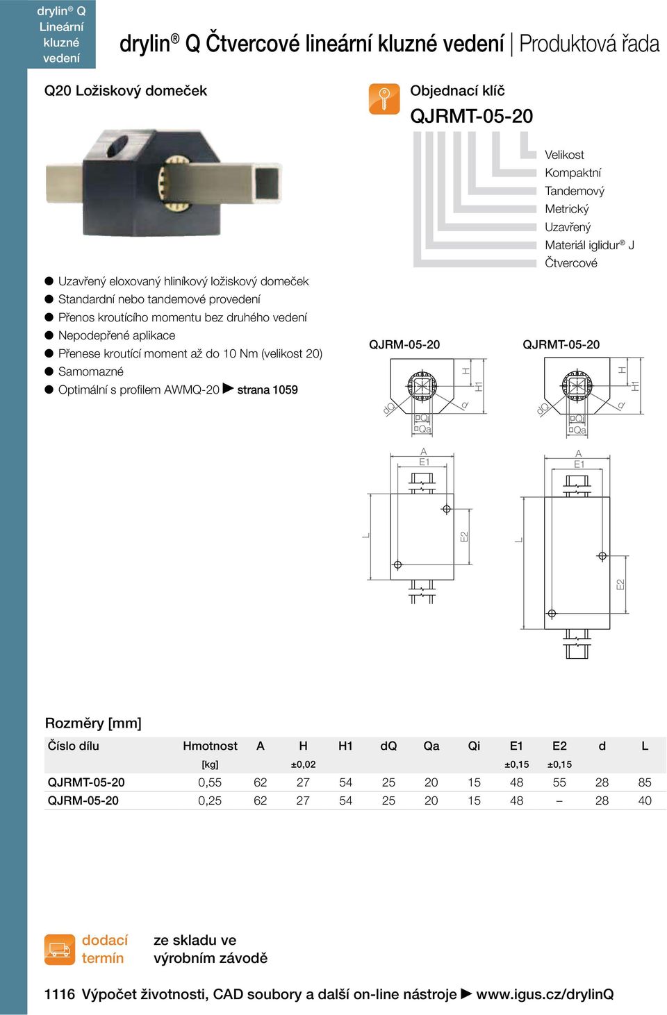 Kompaktní Tandemový Metrický Uzavřený Materiál iglidur J QJRMT-05-20 dq Qi Qa H H1 d A E1 A E1 L E2 L E2 Číslo dílu Hmotnost A H H1 dq Qa Qi E1 E2 d L [kg] ±0,02 ±0,15