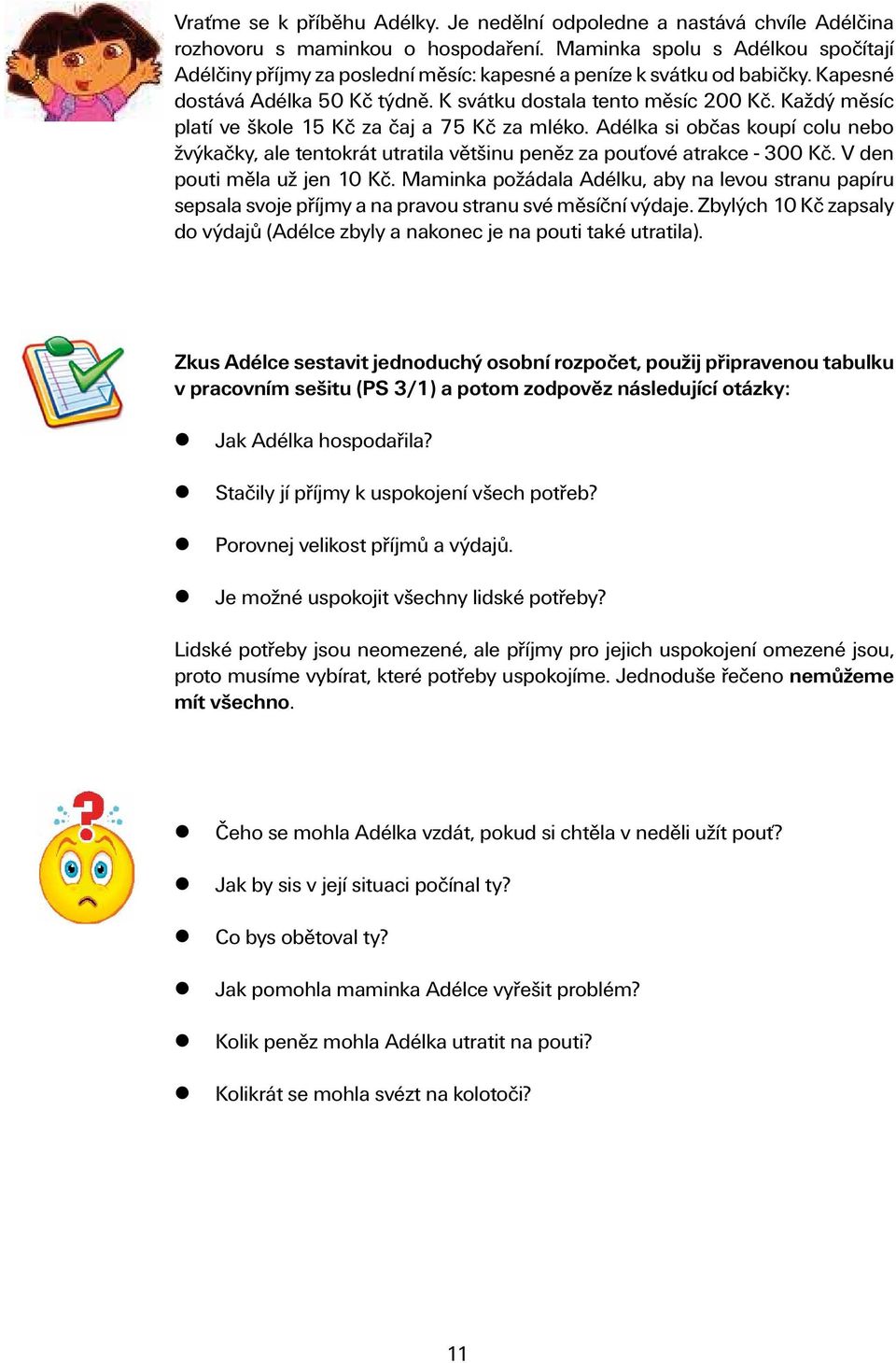 Každý měsíc platí ve škole 15 Kč za čaj a 75 Kč za mléko. Adélka si občas koupí colu nebo žvýkačky, ale tentokrát utratila většinu peněz za pouťové atrakce - 300 Kč. V den pouti měla už jen 10 Kč.