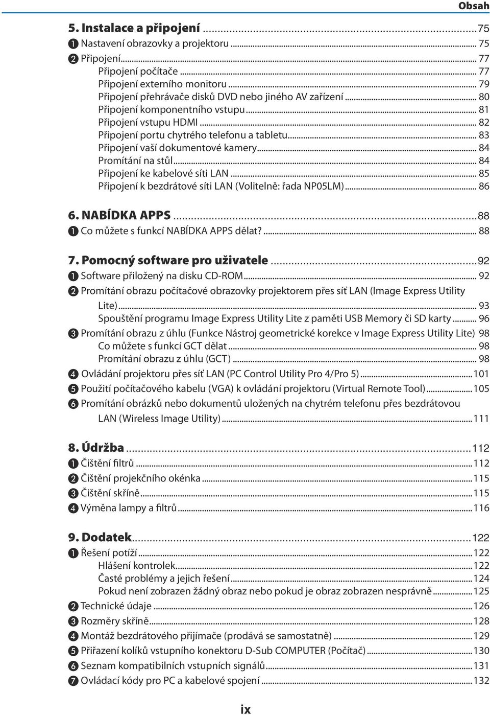 .. 83 Připojení vaší dokumentové kamery... 84 Promítání na stůl... 84 Připojení ke kabelové síti LAN... 85 Připojení k bezdrátové síti LAN (Volitelně: řada NP05LM)... 86 6. NABÍDKA APPS.