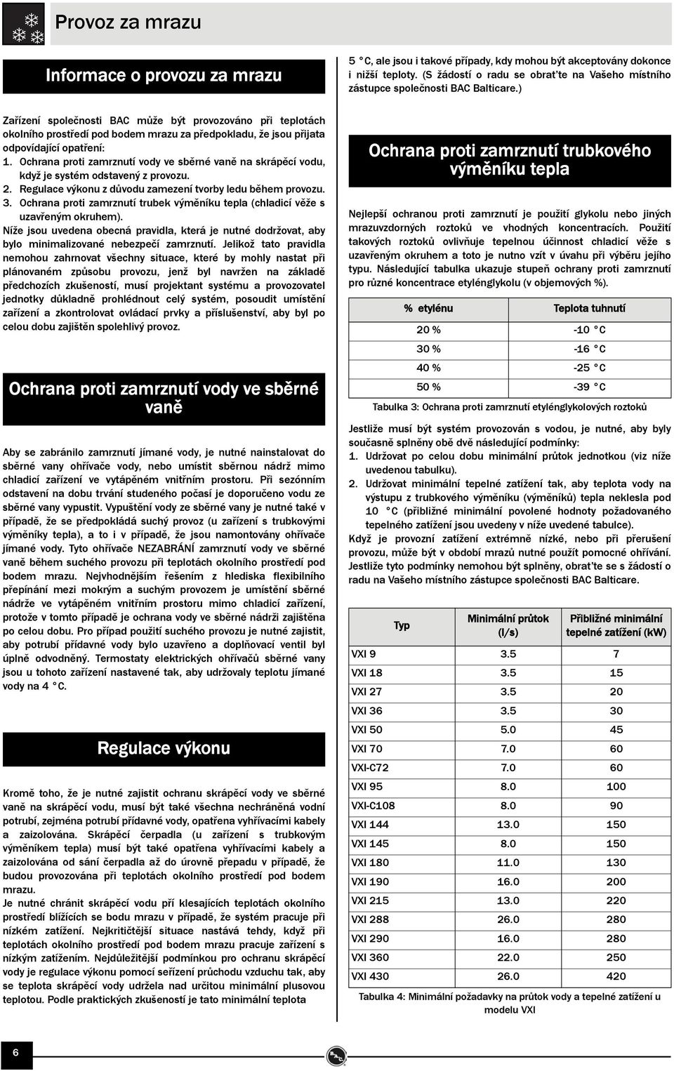 ) Zařízení společnosti BAC může být provozováno při teplotách okolního prostředí pod bodem mrazu za předpokladu, že jsou přijata odpovídající opatření: 1.