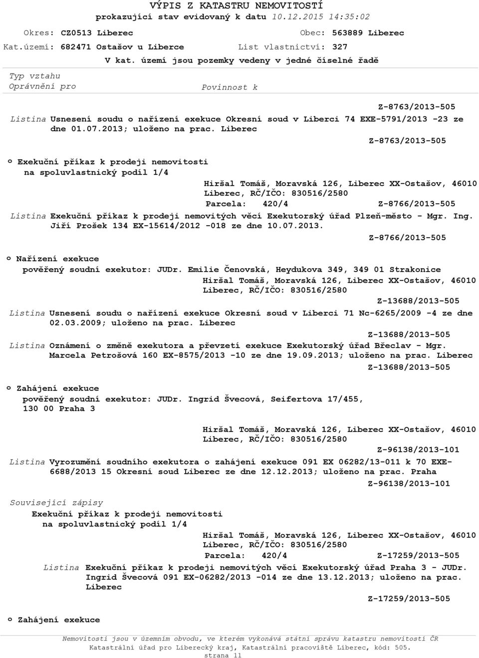 Liberec Z-8763/2013-505 Exekuční příkaz k prdeji nemvitsti na spluvlastnický pdíl 1/4 Z-8766/2013-505 Exekuční příkaz k prdeji nemvitých věcí Exekutrský úřad Plzeň-měst - Mgr. Ing.