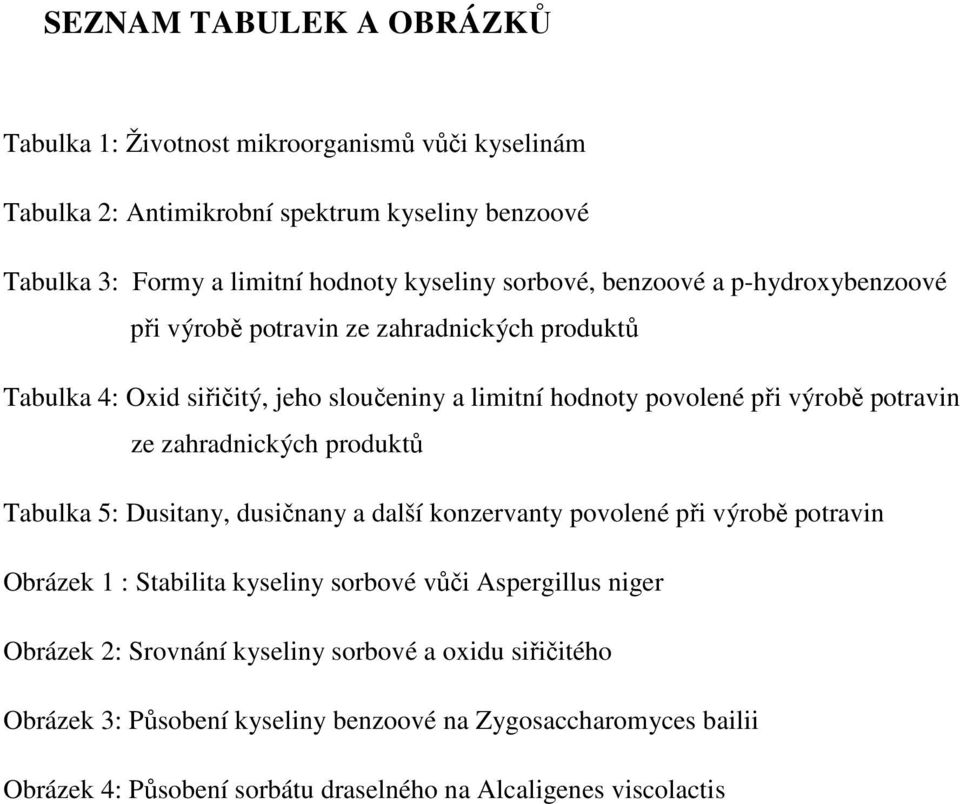 zahradnických produktů Tabulka 5: Dusitany, dusičnany a další konzervanty povolené při výrobě potravin Obrázek 1 : Stabilita kyseliny sorbové vůči Aspergillus niger Obrázek 2: