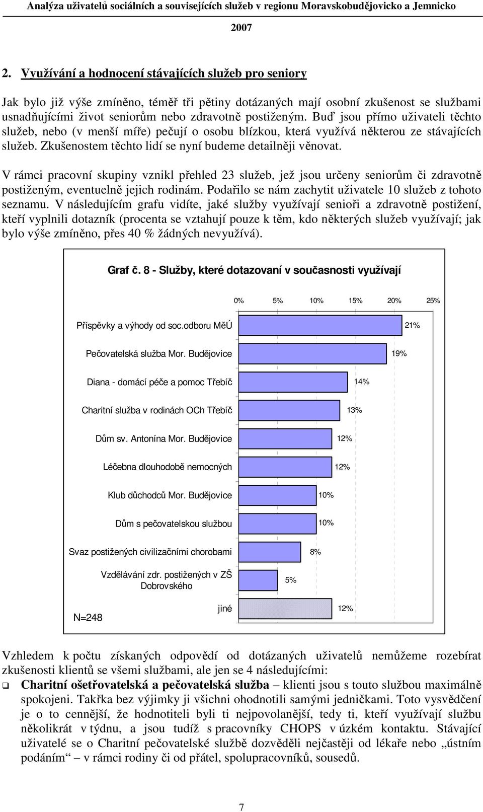 V rámci pracovní skupiny vznikl přehled 23 služeb, jež jsou určeny seniorům či zdravotně postiženým, eventuelně jejich rodinám. Podařilo se nám zachytit uživatele 10 služeb z tohoto seznamu.