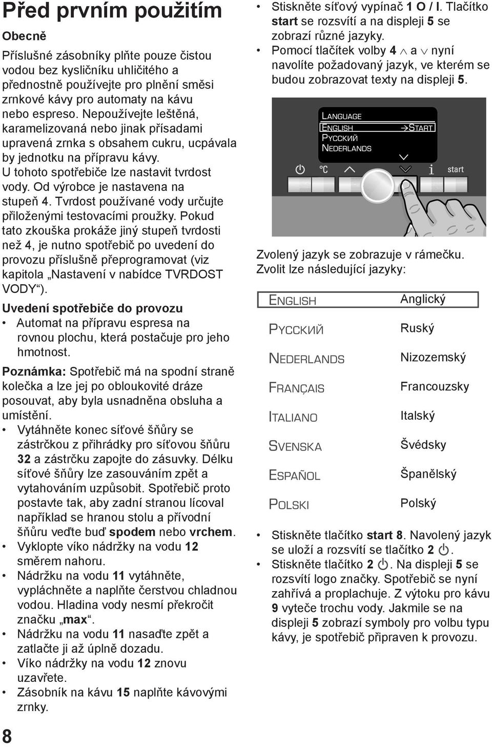 Od výrobce je nastavena na stupeň 4. Tvrdost používané vody určujte přiloženými testovacími proužky.