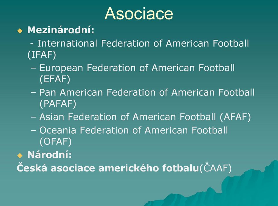 American Football (PAFAF) Asian Federation of American Football (AFAF) Oceania