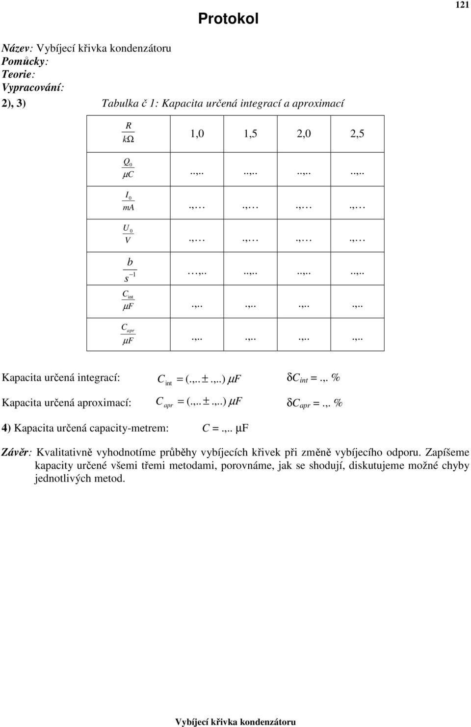 ,.. ±.,..) µf δc int =.,. % δc apr =.,. % 4) Kapacita určená capacity-metrem: C =.,.. µf Závěr: Kvalitativně vyhodnotíme průběhy vybíjecích křivek při změně vybíjecího odporu.