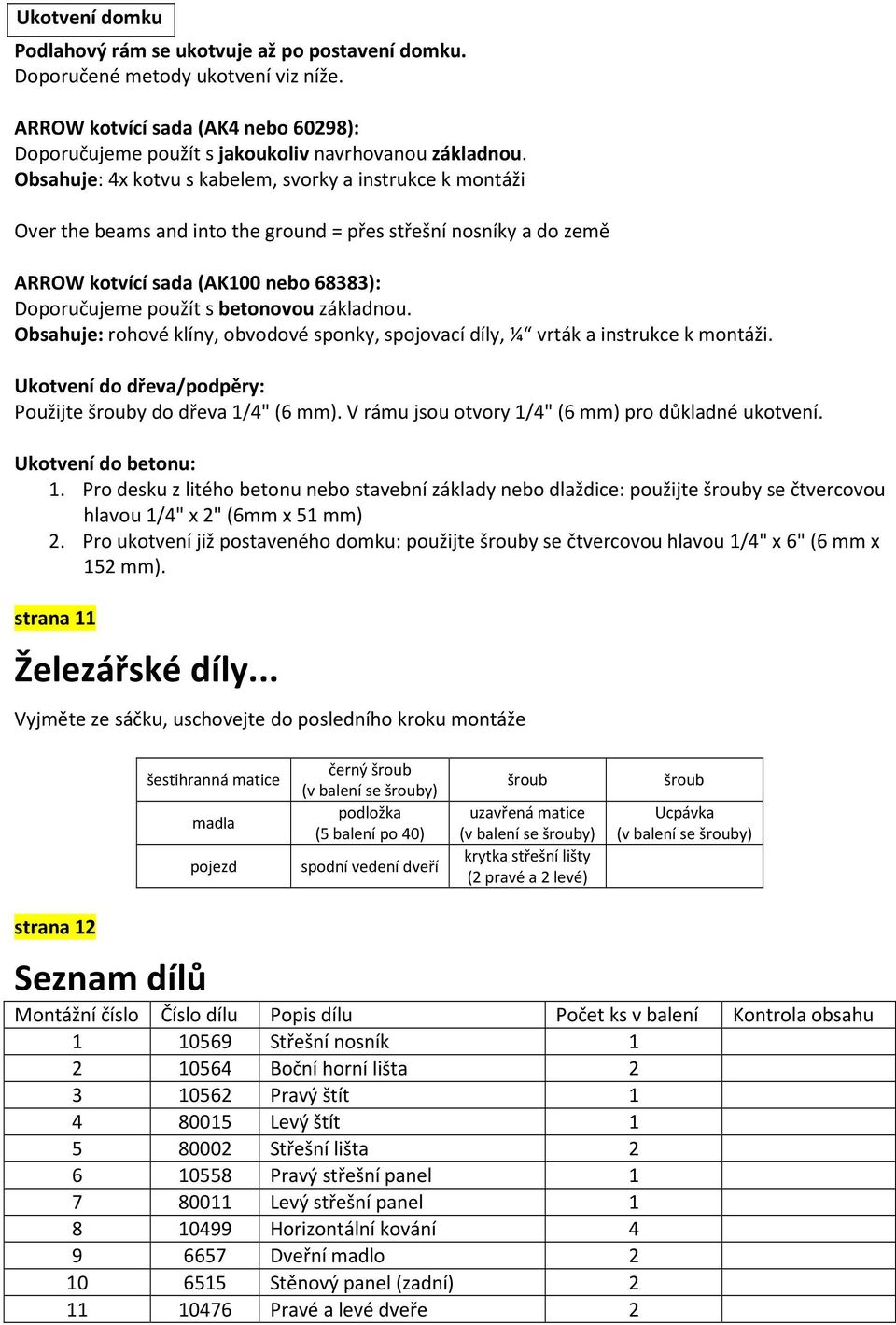 základnou. Obsahuje: rohové klíny, obvodové sponky, spojovací díly, ¼ vrták a instrukce k montáži. Ukotvení do dřeva/podpěry: Použijte šrouby do dřeva 1/4" (6 mm).