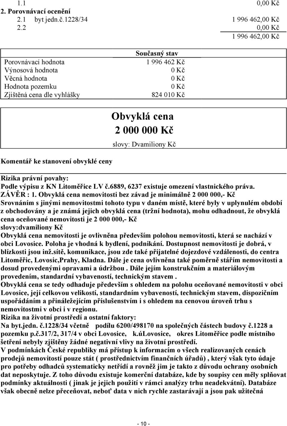 2 000 000 Kč slovy: Dvamiliony Kč Komentář ke stanovení obvyklé ceny Rizika právní povahy: Podle výpisu z KN Litoměřice LV č.6889, 6237 existuje omezení vlastnického práva. ZÁVĚR : 1.