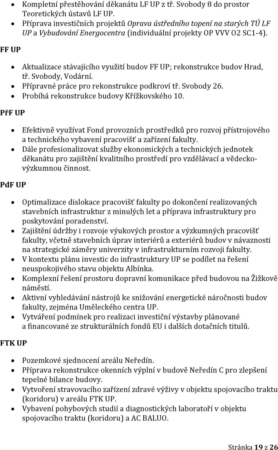 FF UP Aktualizace stávajícího využití budov FF UP; rekonstrukce budov Hrad, tř. Svobody, Vodární. Přípravné práce pro rekonstrukce podkroví tř. Svobody 26. Probíhá rekonstrukce budovy Křížkovského 10.