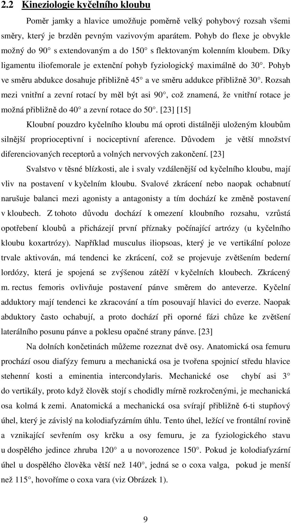 Pohyb ve směru abdukce dosahuje přibližně 45 a ve směru addukce přibližně 30.