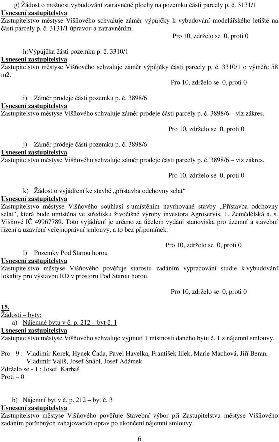 i) Záměr prodeje části pozemku p. č. 3898/6 Zastupitelstvo městyse Višňového schvaluje záměr prodeje části parcely p. č. 3898/6 viz zákres.