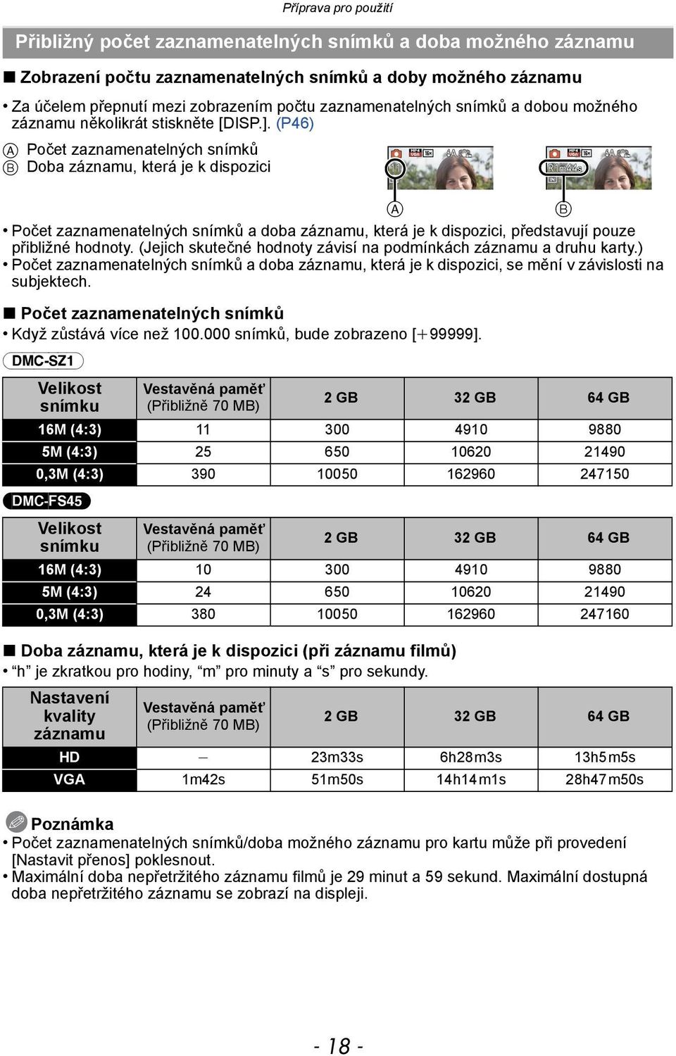 (P46) A Počet zaznamenatelných snímků B Doba záznamu, která je k dispozici A B Počet zaznamenatelných snímků a doba záznamu, která je k dispozici, představují pouze přibližné hodnoty.