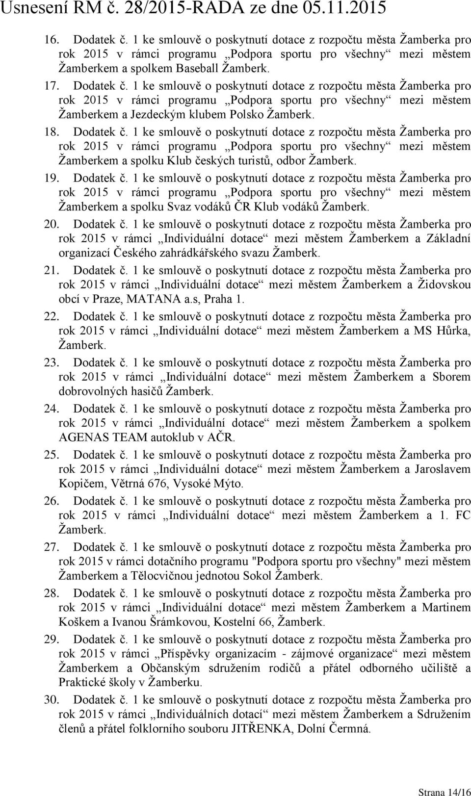 19. Dodatek č. 1 ke smlouvě o poskytnutí dotace z rozpočtu města Žamberka pro rok 2015 v rámci programu Podpora sportu pro všechny mezi městem Žamberkem a spolku Svaz vodáků ČR Klub vodáků Žamberk.