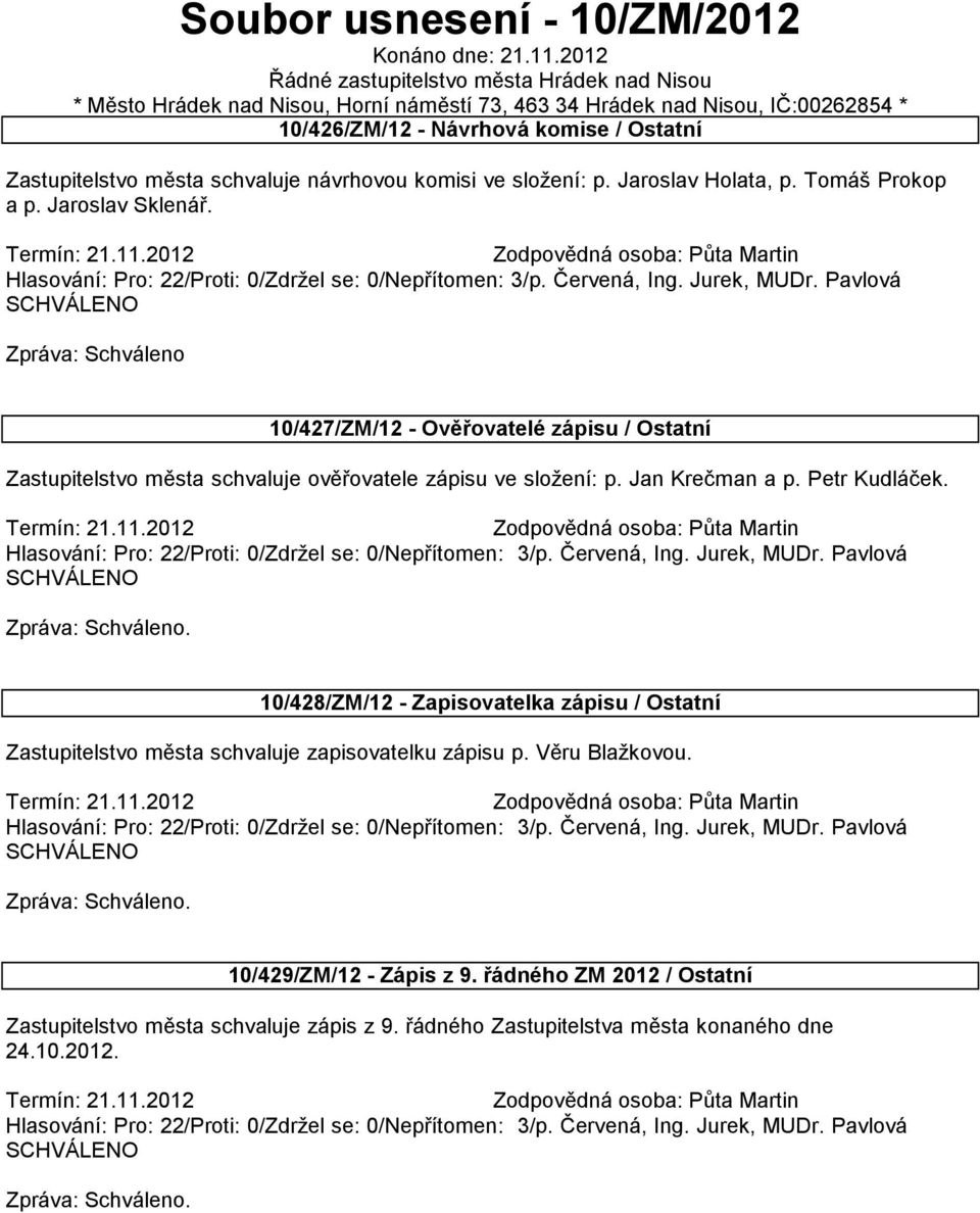 schvaluje návrhovou komisi ve složení: p. Jaroslav Holata, p. Tomáš Prokop a p. Jaroslav Sklenář. Zodpovědná osoba: Půta Martin Hlasování: Pro: 22/Proti: 0/Zdržel se: 0/Nepřítomen: 3/p. Červená, Ing.