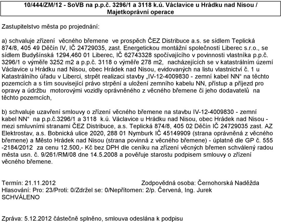 Energetickou montážní společností Liberec s.r.o., se sídlem Budyšínská 1294,460 01 Liberec, IČ 62743328 spočívajícího v povinnosti vlastníka p.p.č. 3296/1 o výměře 3252 m2 a p.p.č. 3118 o výměře 278 m2, nacházejících se v katastrálním území Václavice u Hrádku nad Nisou, obec Hrádek nad Nisou, evidovaných na listu vlastnictví č.