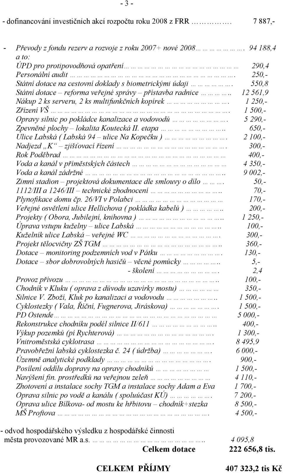 . 12 561,9 Nákup 2 ks serveru, 2 ks multifunkčních kopírek. 1 250,- Zřízení VŠ. 1 500,- Opravy silnic po pokládce kanalizace a vodovodů. 5 290,- Zpevněné plochy lokalita Koutecká II. etapa.