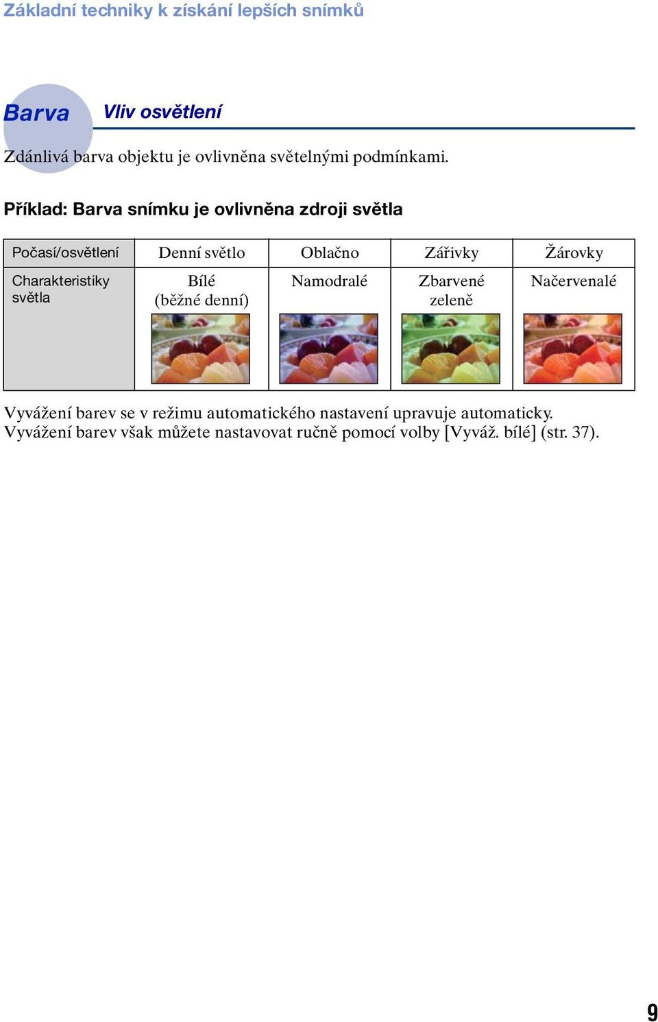 Příklad: Barva snímku je ovlivněna zdroji světla Počasí/osvětlení Denní světlo Oblačno Zářivky Žárovky