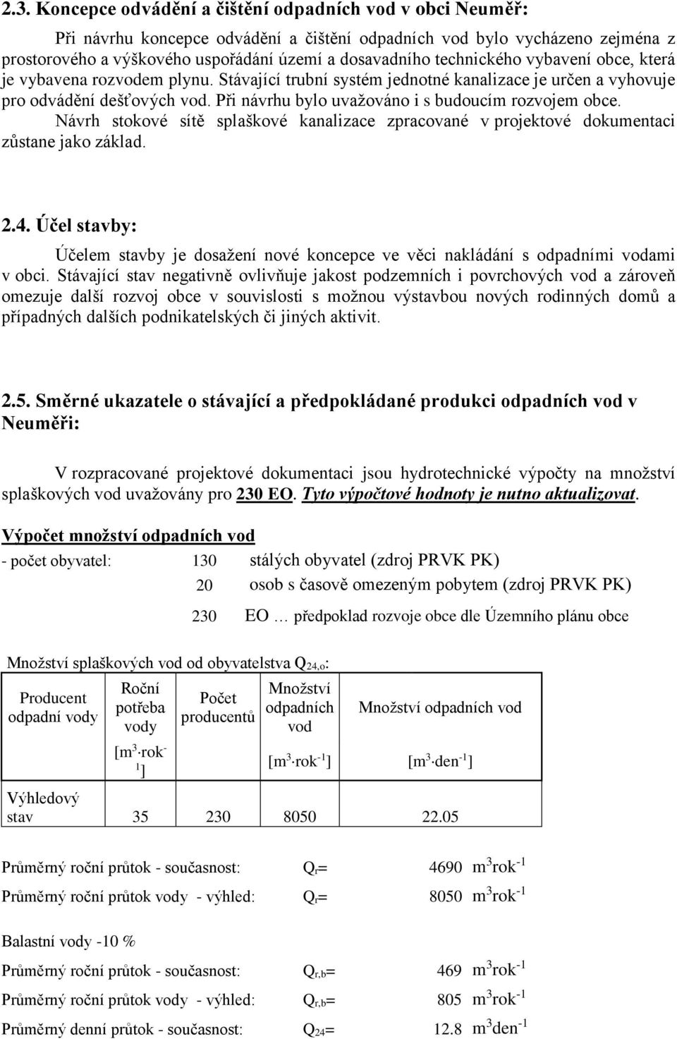 Při návrhu bylo uvažováno i s budoucím rozvojem obce. Návrh stokové sítě splaškové kanalizace zpracované v projektové dokumentaci zůstane jako základ. 2.4.