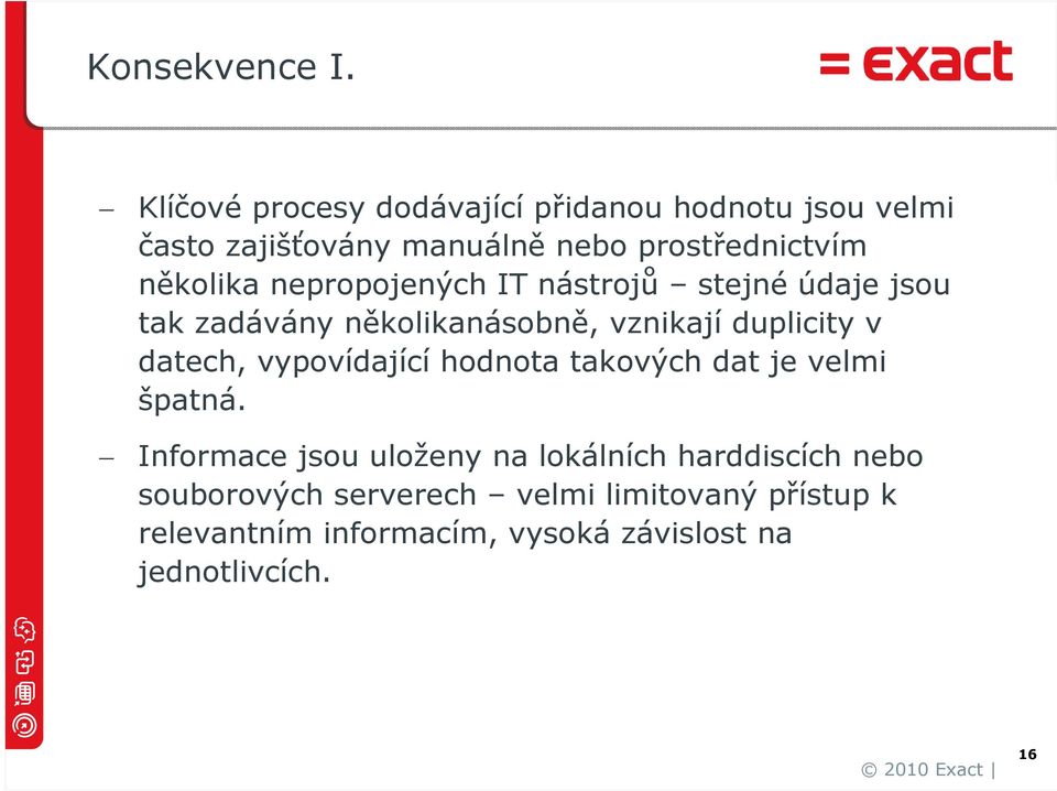 nepropojených IT nástrojů stejné údaje jsou tak zadávány několikanásobně, vznikají duplicity v datech,