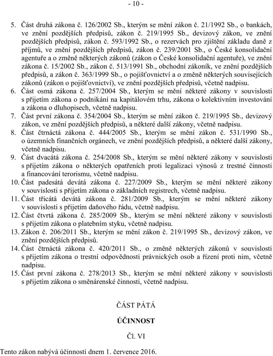 , o České konsolidační agentuře a o změně některých zákonů (zákon o České konsolidační agentuře), ve znění zákona č. 15/2002 Sb., zákon č. 513/1991 Sb.