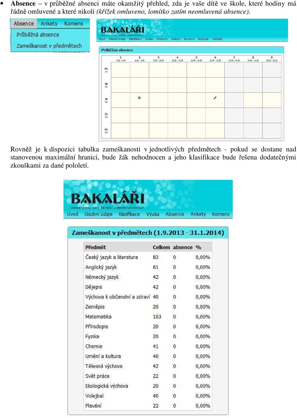 Rovněž je k dispozici tabulka zameškanosti v jednotlivých předmětech - pokud se dostane nad