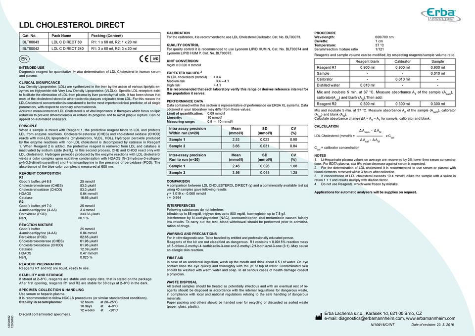 determination of LDL Cholesterol in human serum and plasma.