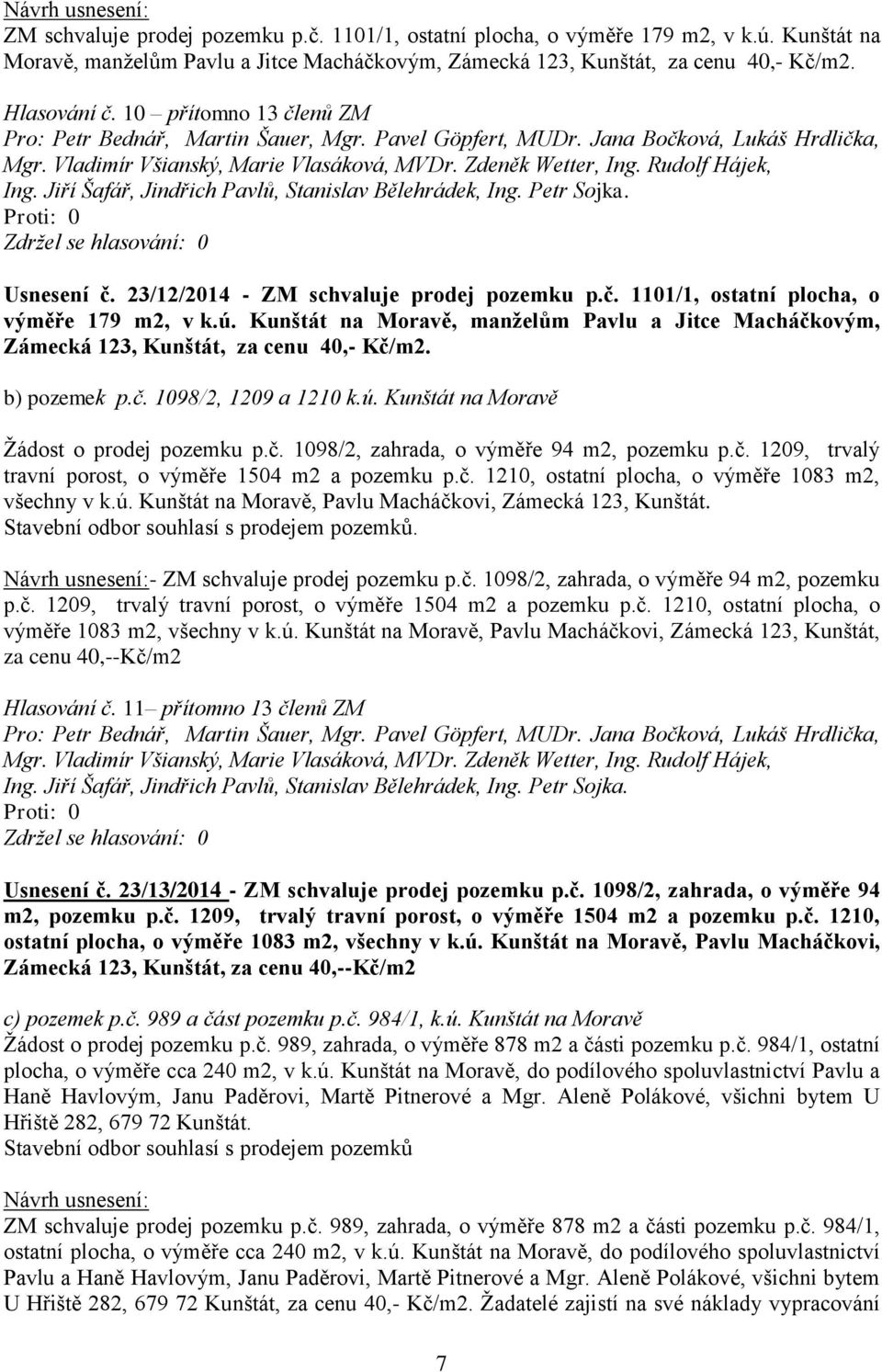 23/12/2014 - ZM schvaluje prodej pozemku p.č. 1101/1, ostatní plocha, o výměře 179 m2, v k.ú. Kunštát na Moravě, manželům Pavlu a Jitce Macháčkovým, Zámecká 123, Kunštát, za cenu 40,- Kč/m2.