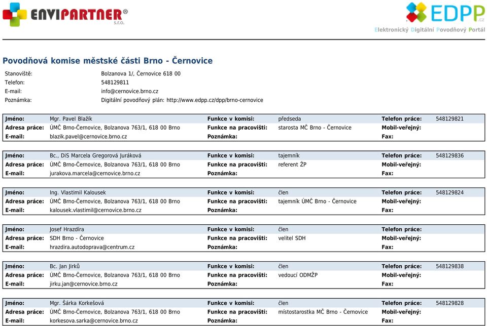 Pavel Blažík Funkce v komisi: předseda Telefon práce: 548129821 ÚMČ Brno-Černovice, Bolzanova 763/1, 618 00 Brno Funkce na pracovišti: starosta MČ Brno - Černovice E-mail: blazik.pavel@cernovice.brno.