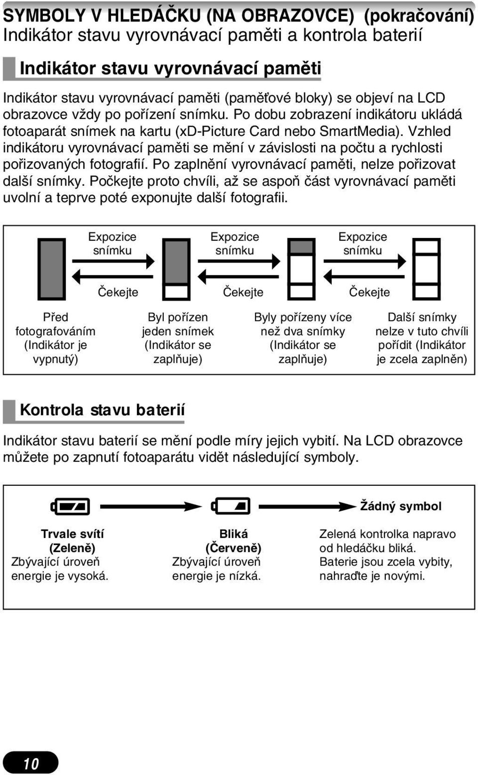 Vzhled indikátoru vyrovnávací pamûti se mûní v závislosti na poãtu a rychlosti pofiizovan ch fotografií. Po zaplnûní vyrovnávací pamûti, nelze pofiizovat dal í snímky.