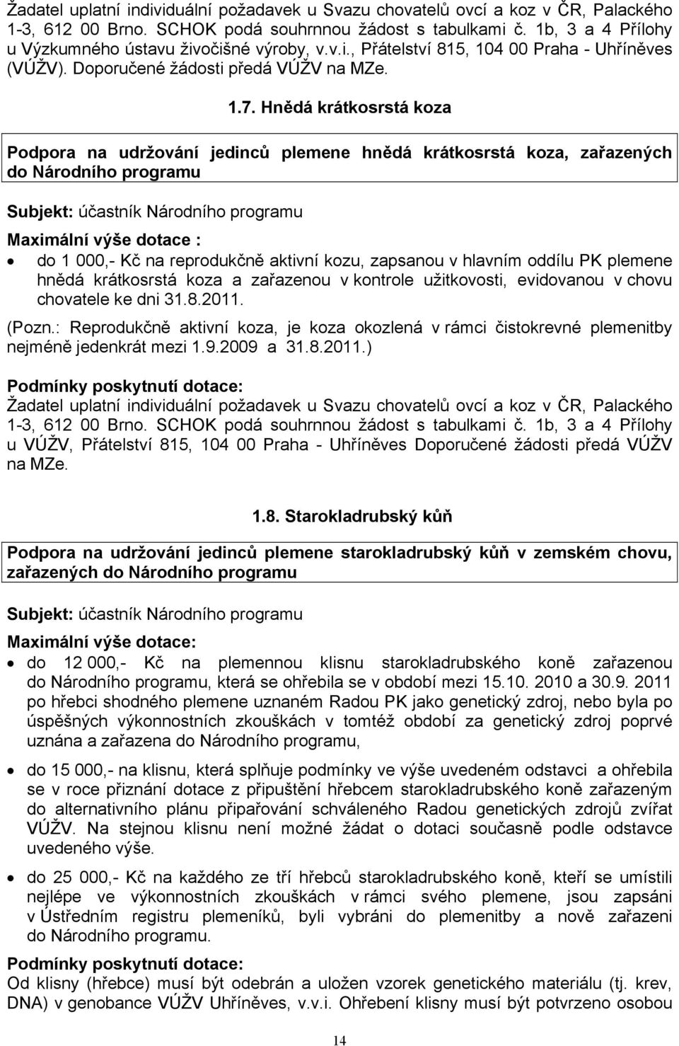 Hnědá krátkosrstá koza Podpora na udržování jedinců plemene hnědá krátkosrstá koza, zařazených do Národního programu Maximální výše dotace : do 1 000,- Kč na reprodukčně aktivní kozu, zapsanou v