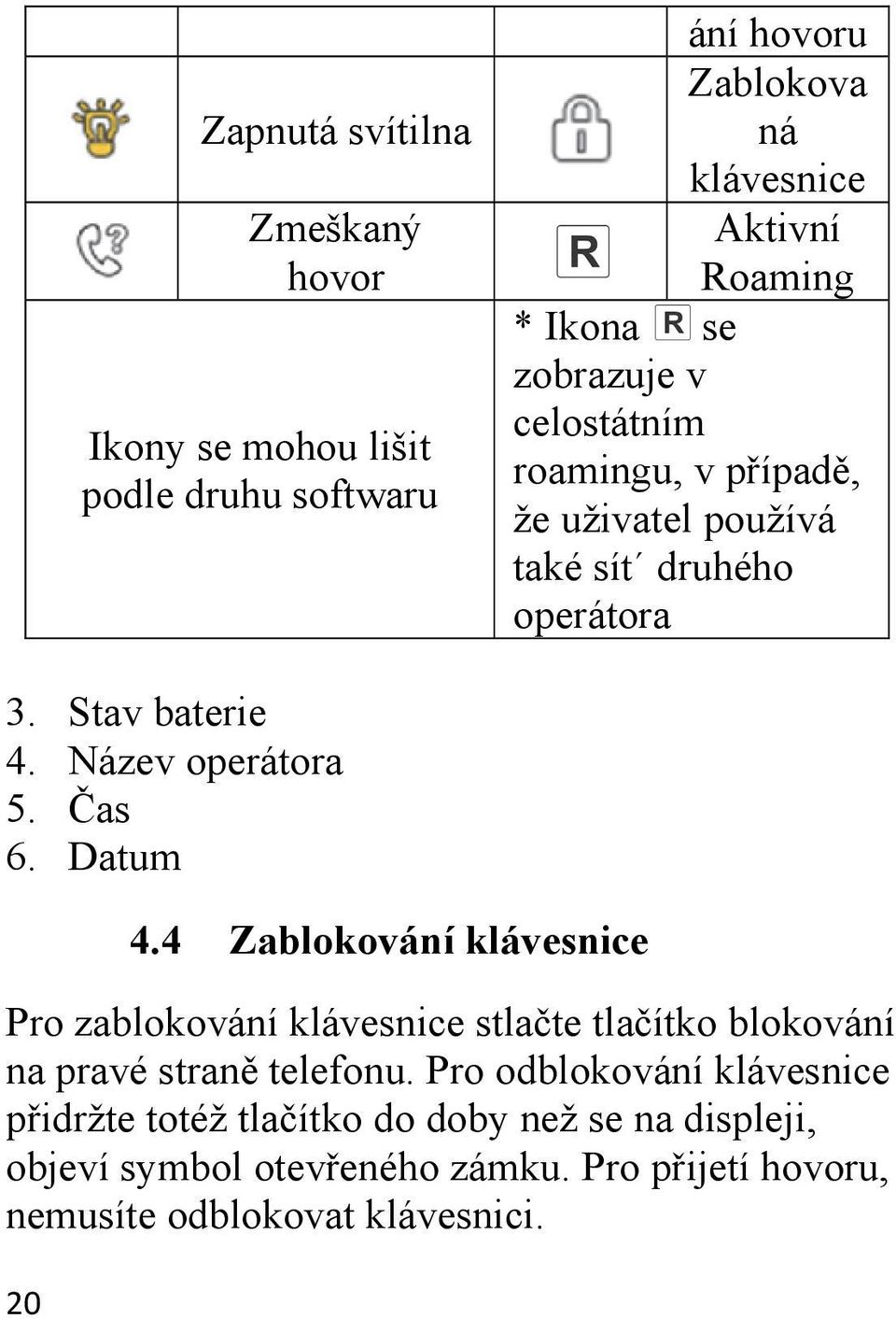 Čas 6. Datum 4.4 Zablokování klávesnice Pro zablokování klávesnice stlačte tlačítko blokování na pravé straně telefonu.