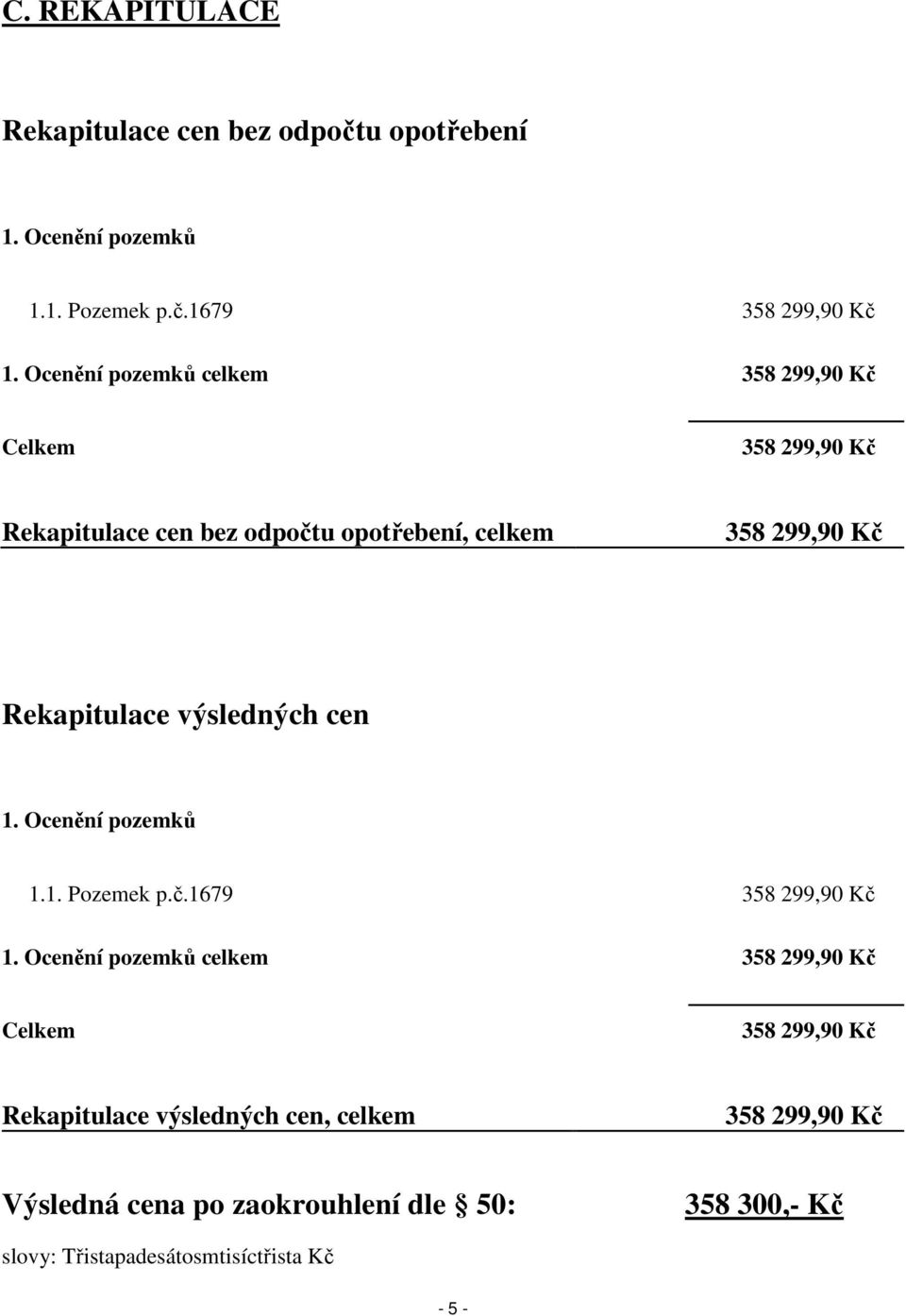 Rekapitulace výsledných cen 1. Ocenění pozemků 1.1. Pozemek p.č.1679 358 299,90 Kč 1.