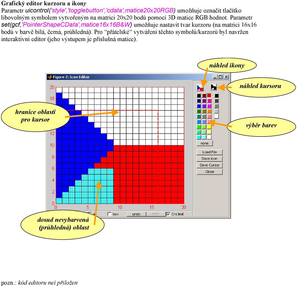 Parametr set(gcf,'pointershapecdata',matice16x16b&w) umožňuje nastavit tvar kurzoru (na matrici 16x16 bodů v barvě bílá, černá, průhledná).