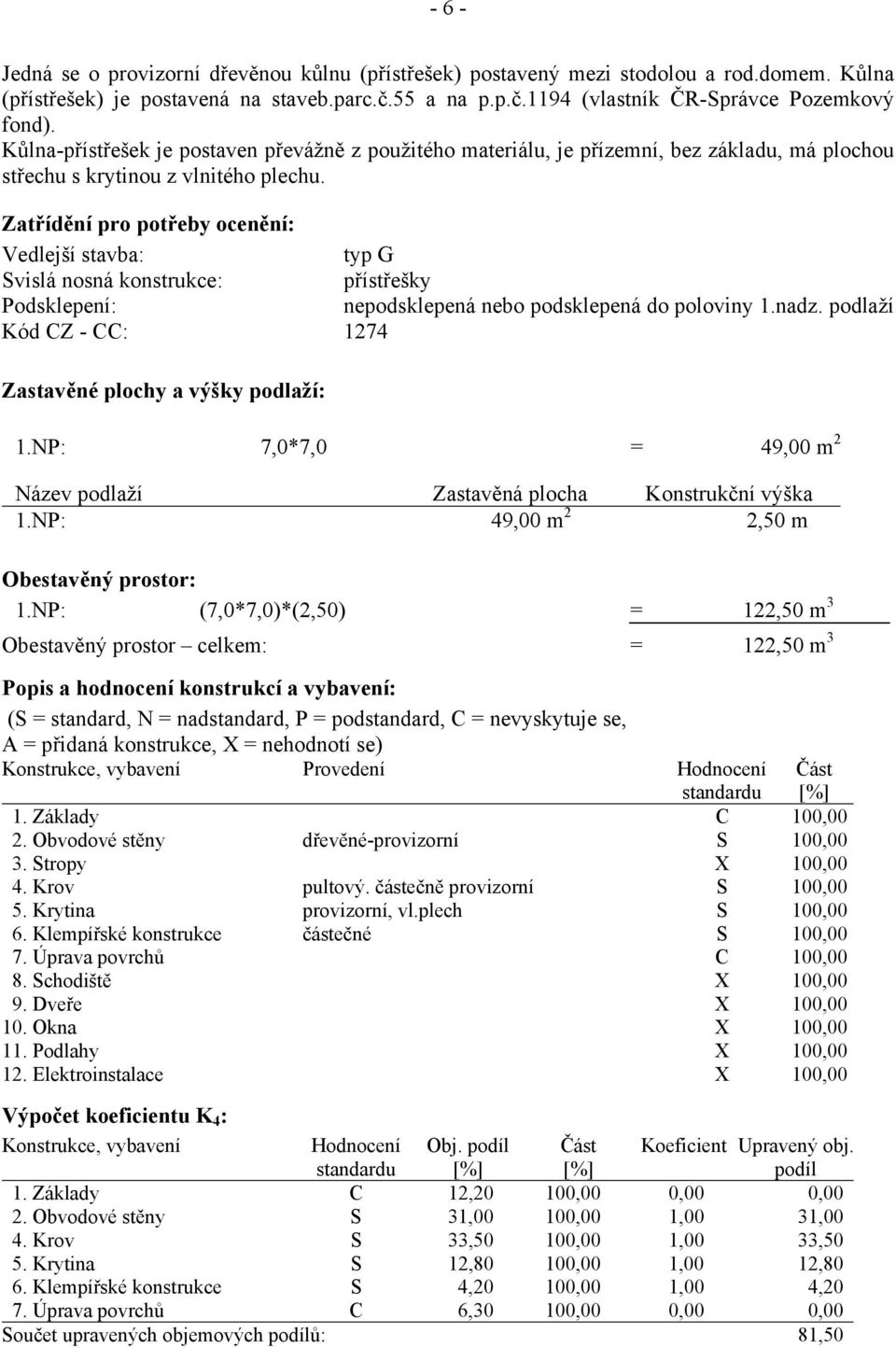 Zatřídění pro potřeby ocenění: Vedlejší stavba: typ G Svislá nosná konstrukce: přístřešky Podsklepení: nepodsklepená nebo podsklepená do poloviny 1.nadz.