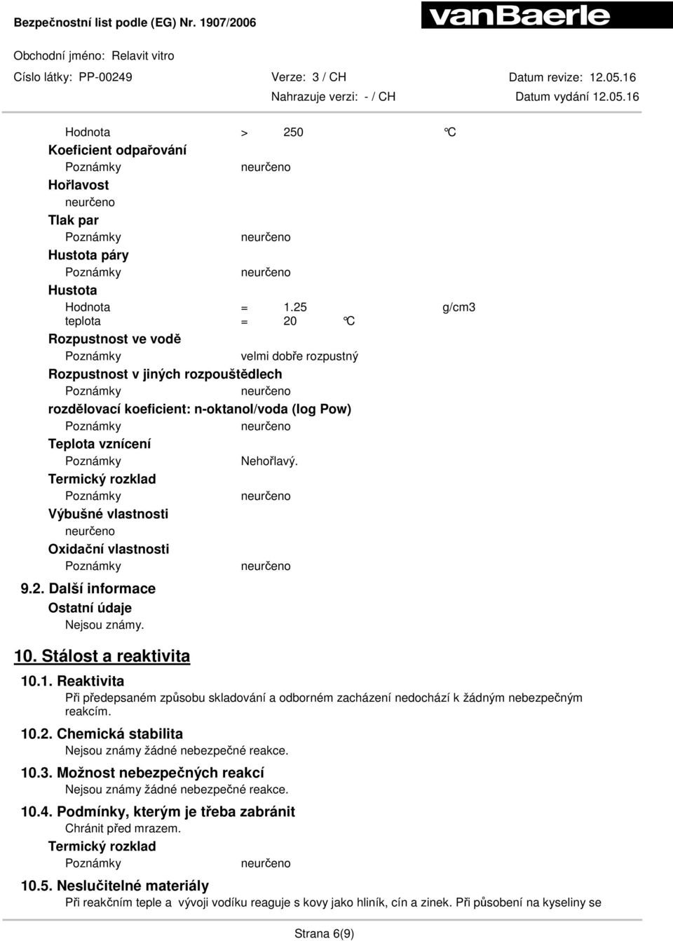 Termický rozklad Výbušné vlastnosti Oxidační vlastnosti 9.2. Další informace Ostatní údaje Nejsou známy. 10