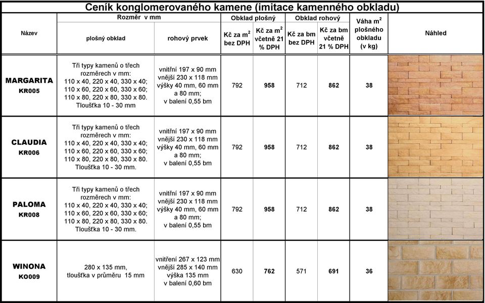 Tloušťka 10-30 vnitřní 197 x 90 vnější 230 x 118 výšky 40, 60 a 80 ; v balení 0,55 bm 792 958 712 862 38 CLAUDIA KR006 Tři typy kamenů o třech rozměrech v :  Tloušťka 10-30.