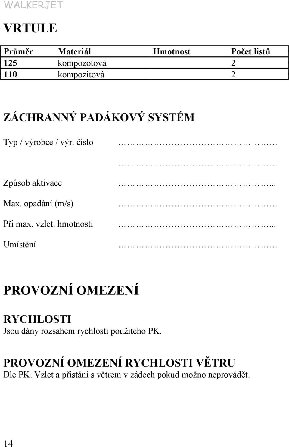 hmotnosti Umístění...... PROVOZNÍ OMEZENÍ RYCHLOSTI Jsou dány rozsahem rychlostí použitého PK.