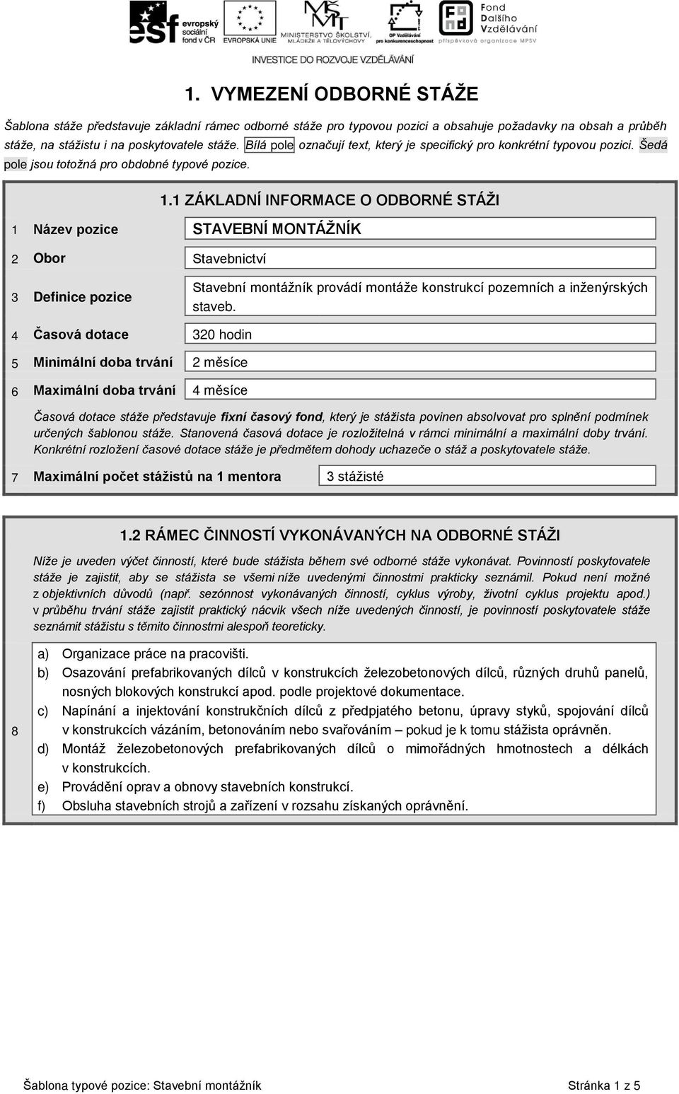 1 ZÁKLADNÍ INFORMACE O ODBORNÉ STÁŽI 1 Název pozice STAVEBNÍ MONTÁŽNÍK 2 Obor Stavebnictví 3 Definice pozice Stavební montážník provádí montáže konstrukcí pozemních a inženýrských staveb.